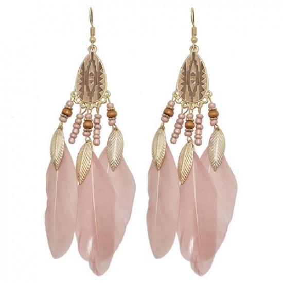 Feather Tassel Long Drop Earrings for Women Boho Vintage Ethnic Jewelry Gift розовый