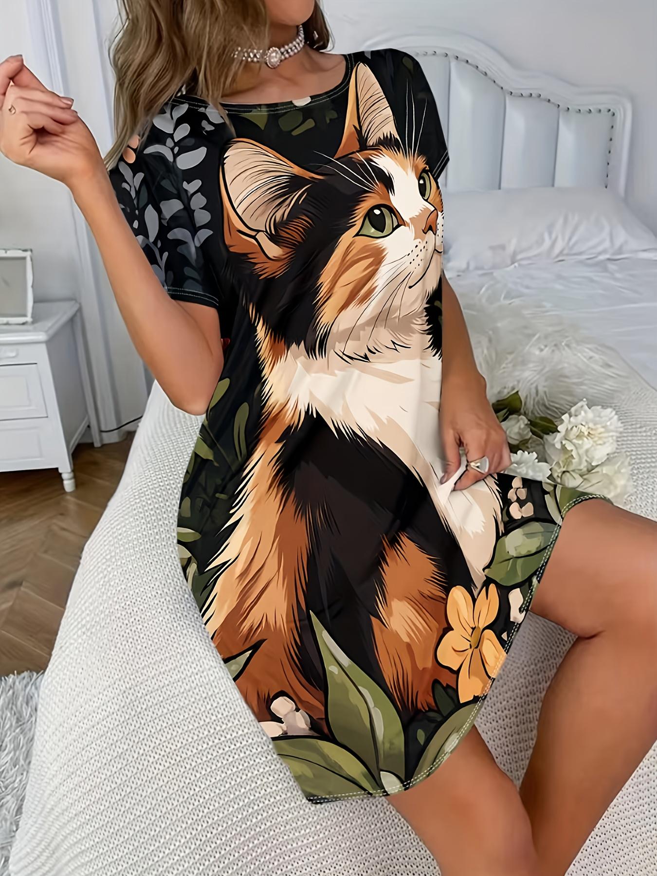 

A New Cartoon Cat Print Dress Featuring a Floral Design. with a Round Neck And Short Sleeves. It S Stylish And Elegant. Offering a Relaxed And Comfort 4XL дубильная кора