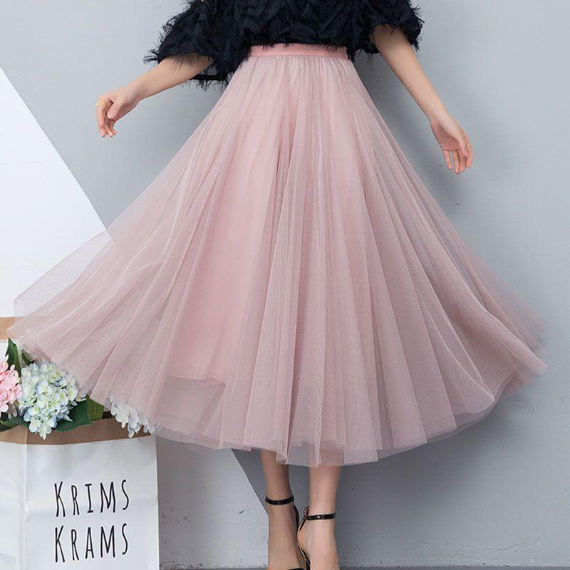 MOJTA Mesh Half Length Skirt Women High Waist Pleated Skirt