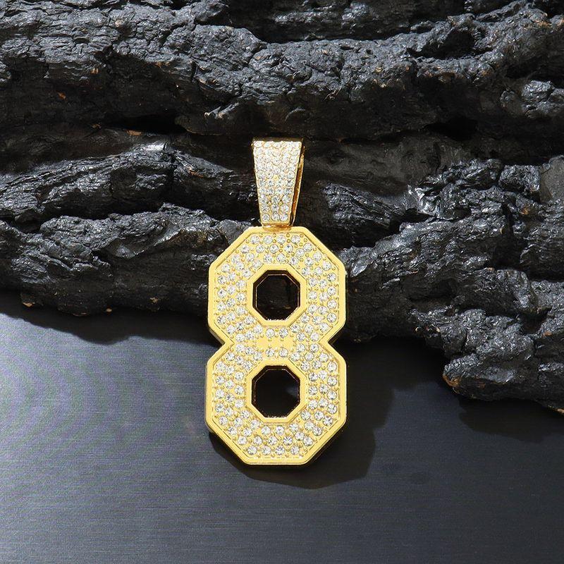 Trendy Men s Full Diamond Digital Hook Hip Hop Pendant Necklace Diamond-Encrusted Number 8 Single Pendant (Gold)