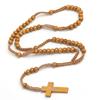 Catholic Wood Beads Necklace For Women Crucifix Cross Pendant Braided Rope Chain Rosary Necklace Men Religious Prayer Jewelry
