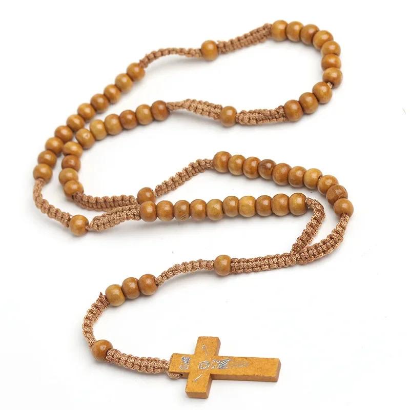 Catholic Wood Beads Necklace For Women Crucifix Cross Pendant Braided Rope Chain Rosary Necklace Men Religious Prayer Jewelry