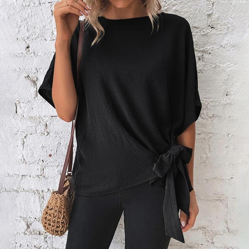 Solid Colour Round Neck Summer Bat Wing Sleeve T-Shirt Hem Knotted Loose Women's Tops