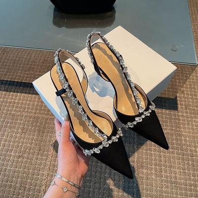 Fashion Luxury Women High Heels Ladies Pointed Toe Party Wedding Shoes White Black Stiletto Summer Rhinestone Slingback Sandals Female