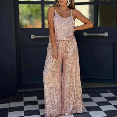 Damen Pailletten Zweiteiler Outfit Rundhalsausschnitt Ärmelloses Cami Top Weitbeinige Hose Set Abendparty Festlicher Anzug