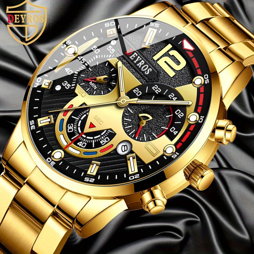 3pcs/set, Fashion Men's Business Watch, Casual Stainless Steel Quartz Wristwatch, Golden Necklace, Bracelet and Wristwatches Set