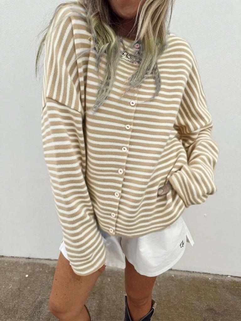 2026 retro contrasting color thin horizontal strip loose coat round neck button knitted cardigan skin-friendly daily versatile coat women
