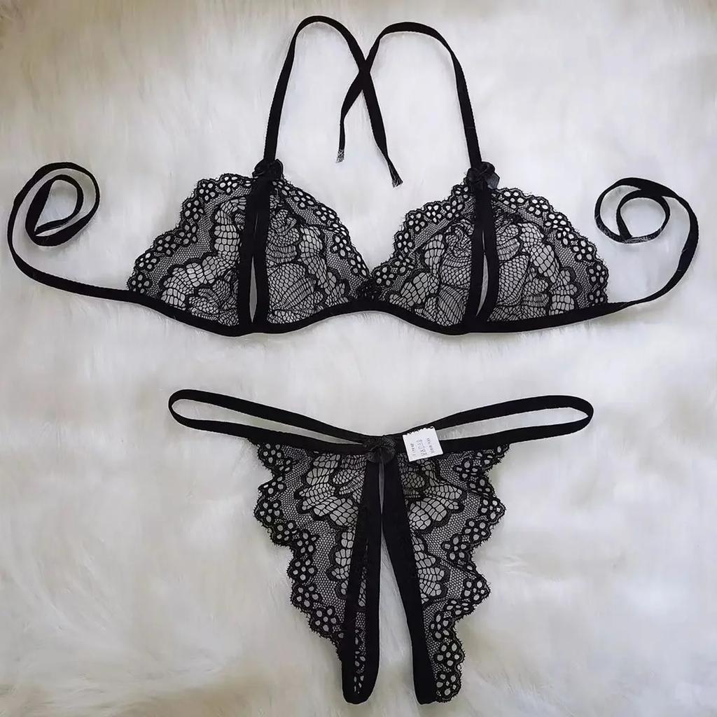 Sexy Women's Detachable Three Point Two-piece Set Open Crotch Mini Panties Lace Lingerie Thong Strap Underwear