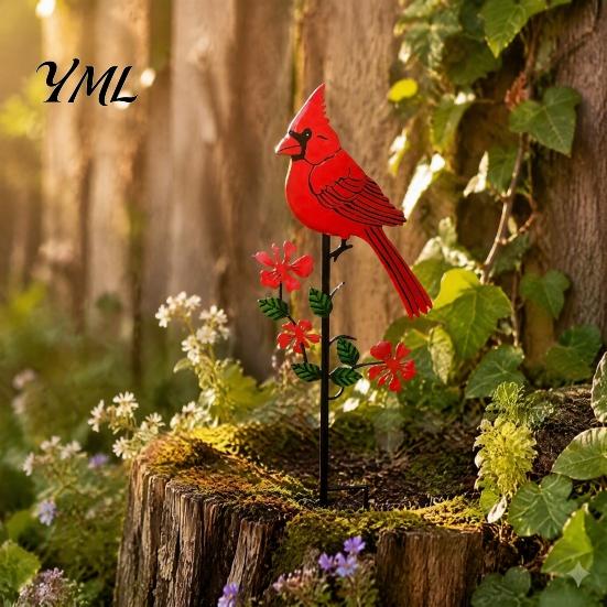 Backyard Patio Decorations Red Bird Garden Stake, Metal Cardinals Yard Art 2D Weather Resistant Lawn Flat Flowers Decoration for Outdoor Flower