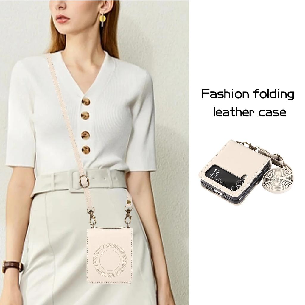 Crossbody Wireless Charge Magnetic Leather Case For Samsung Galaxy Z Flip 6 5 4 3 Flip5 Long Rope Lanyard For Magsafe Cover