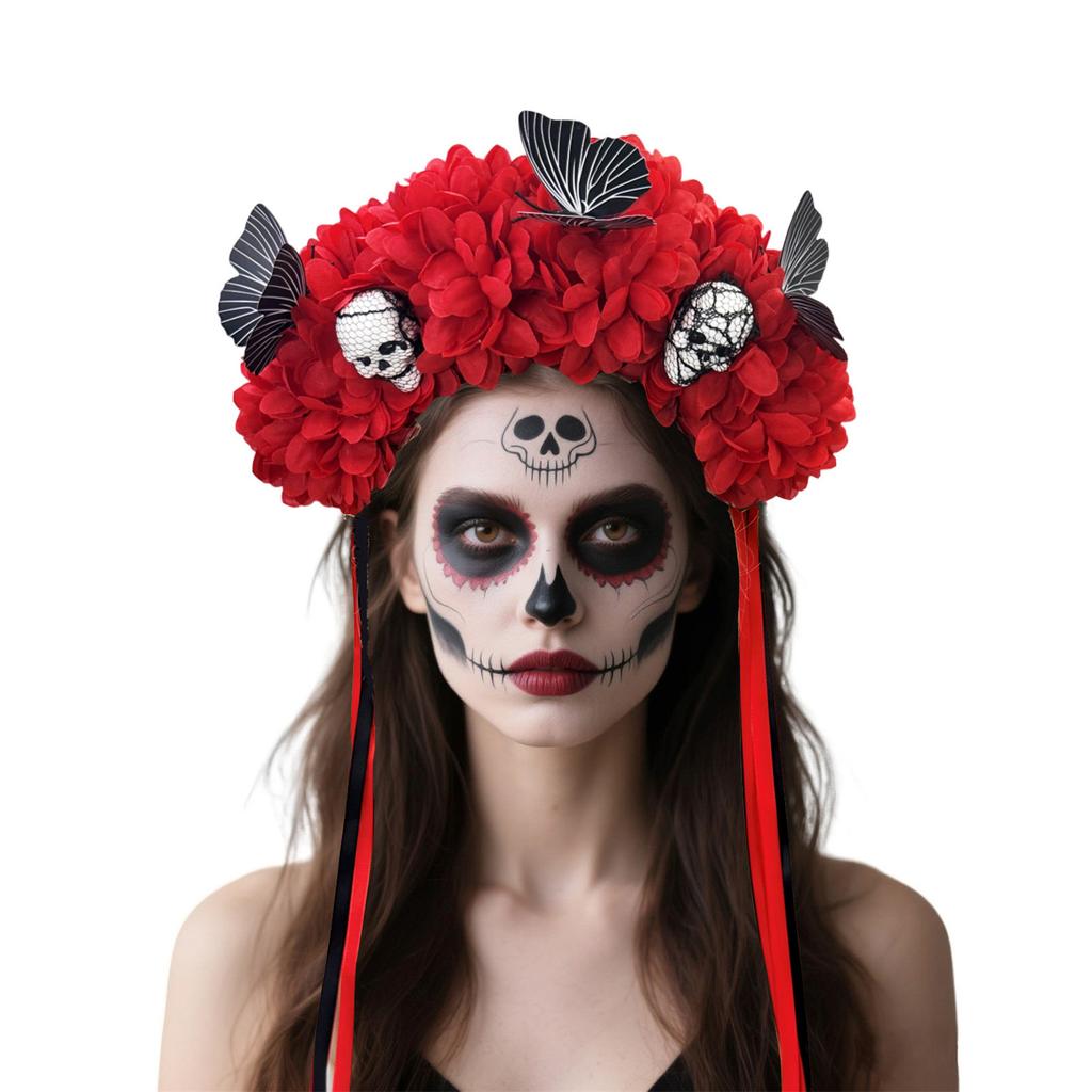 Reusable Practical Plastic Skull Headband And Simulated Floral Decors Costume Headband For Halloween Theme Parties
