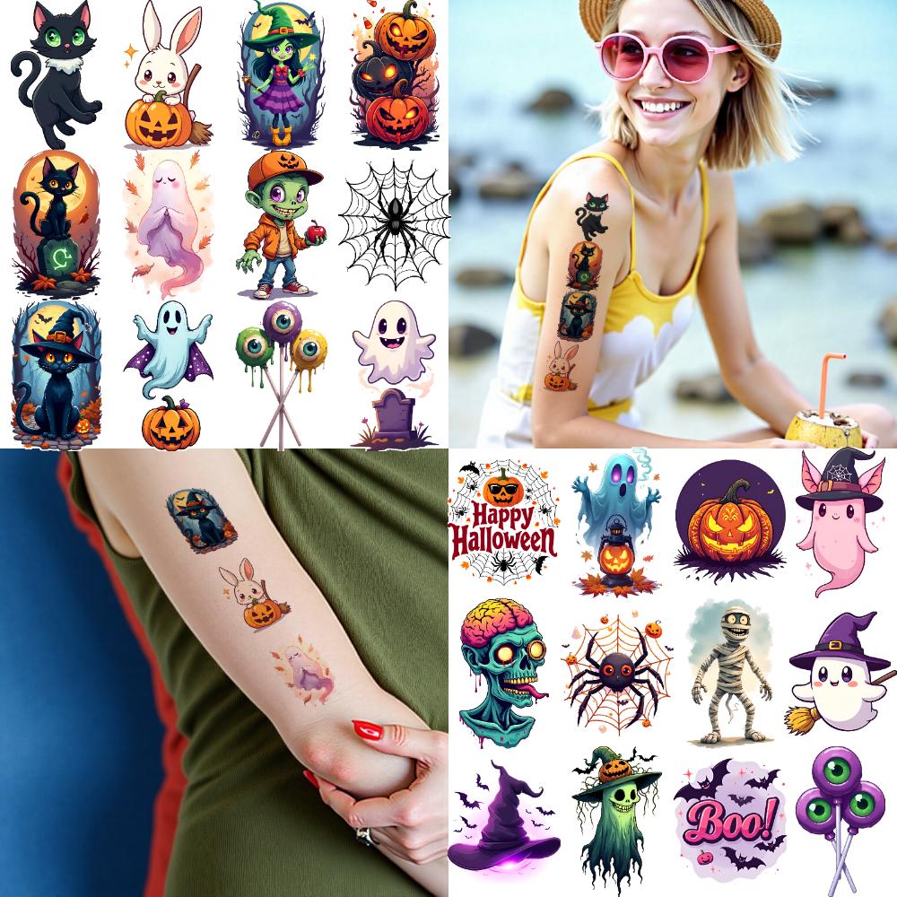 54 Stück Temporäre Tattoos Dekorative Aufkleber Wasserdicht Langlebige Körperaufkleber Halloween-Aufkleber Cartoon Für Frauen Männer
