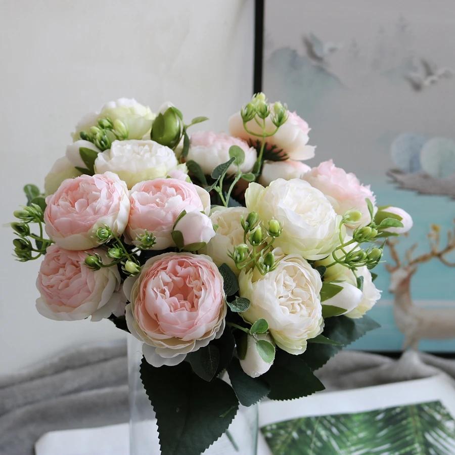Tenvity Peony Artificial Flowers Silk Rose Bouquet Vase for Home Wedding Garden Decor Fake Plants Christmas Garland Material