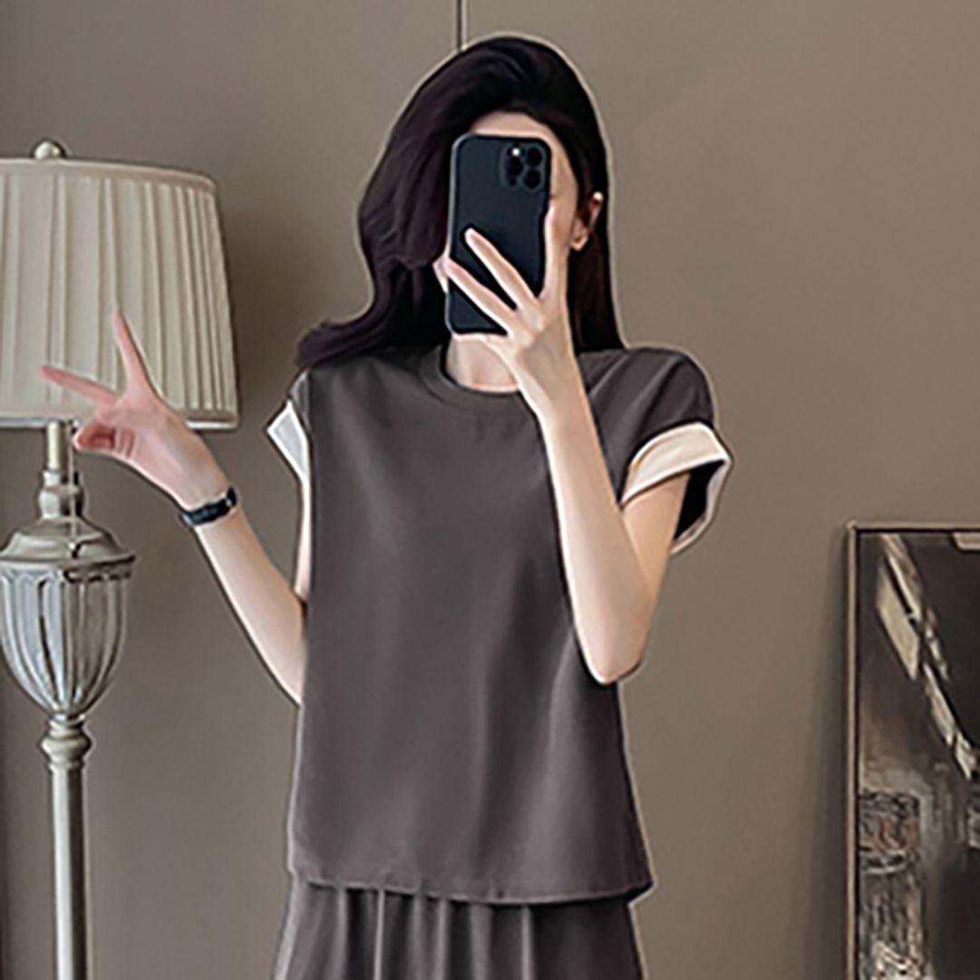 

European Style Cotton Two-Piece Set: Color Block Top & Pocket Skirt L for 115-130 kg