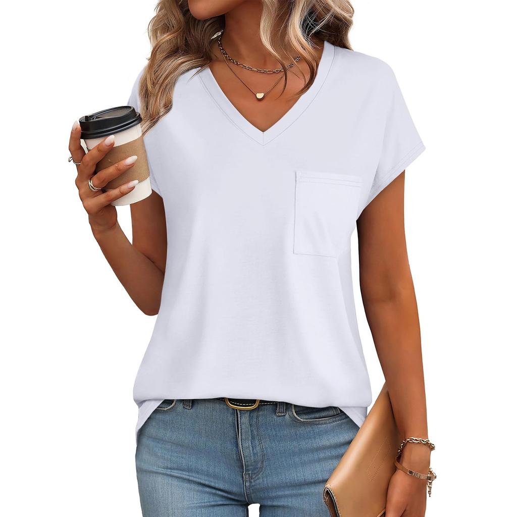 Women's Fashion Casual Slim Fit Waist Cap Sleeve V Neck T-Shirt Top