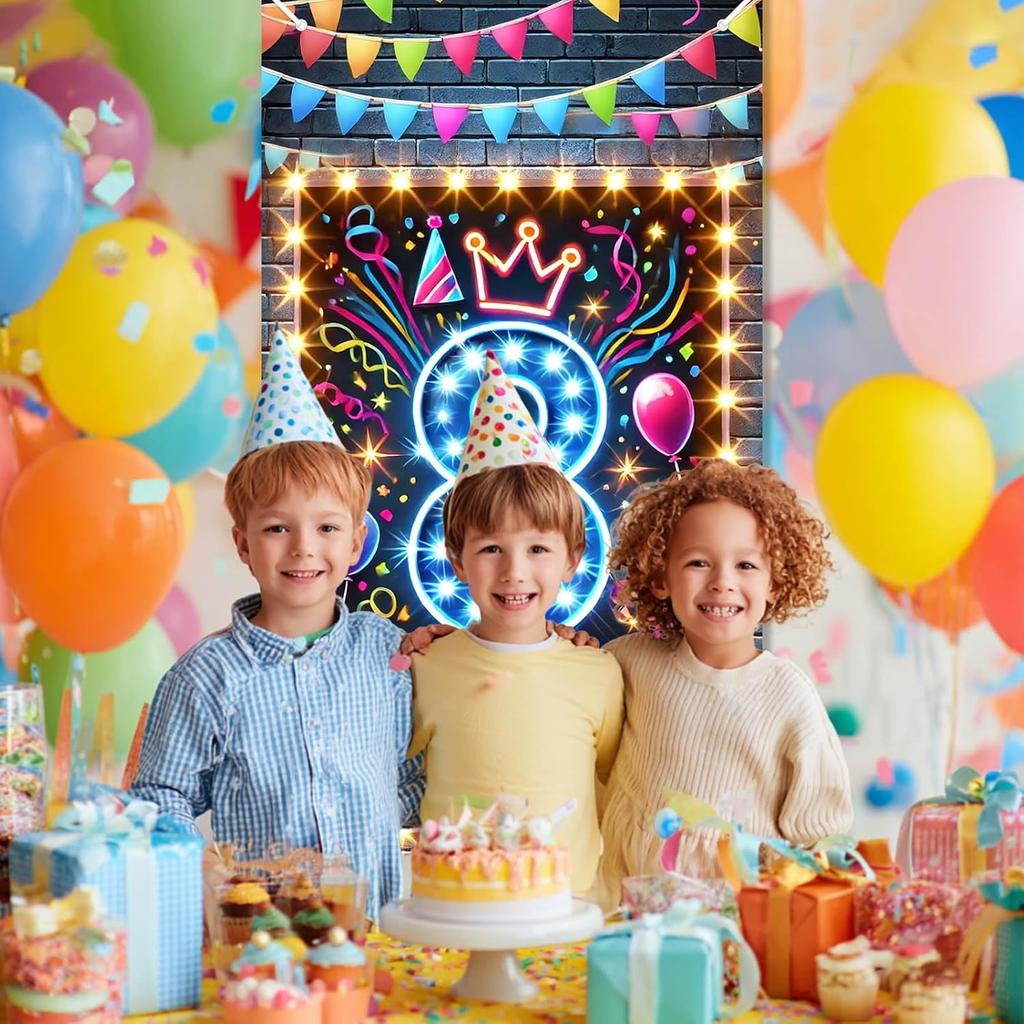 8th Birthday Door Cover 71x35 Inch Neon Glow Birthday Banner for Party Decorations LED Crown Balloon Backdrop Sign for Boys Girls Kids Photo Booth