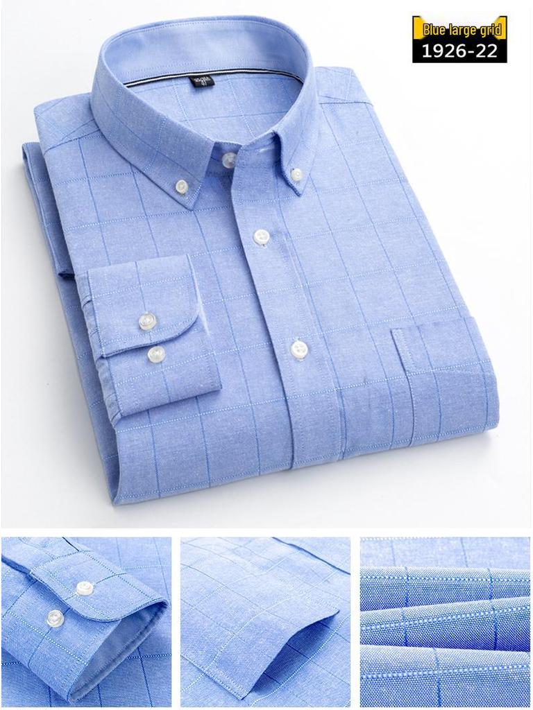 Men's Long Sleeve Washed Cotton Oxford Shirt - Slim Fit, Plaid, Iron-Free Stripes, Casual Style