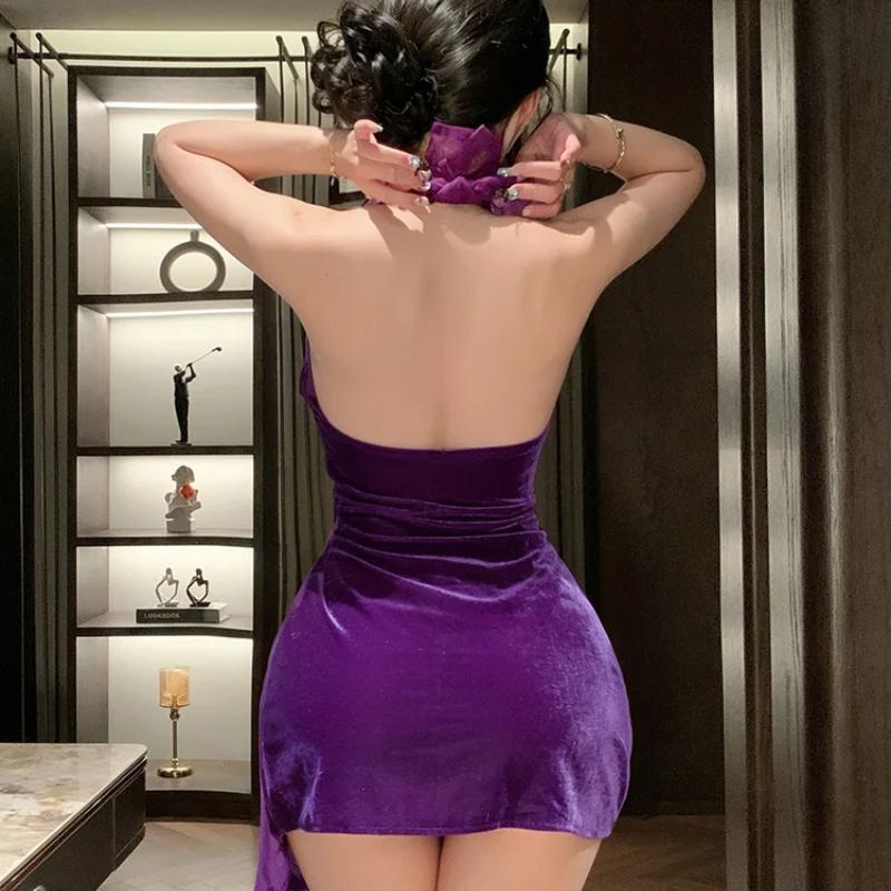 Women See-Through Cheongsam Dress Sexy V Neck Halter Lingerie Dress Lace High Split Perspective Nightgown Uniform Bar Temptation
