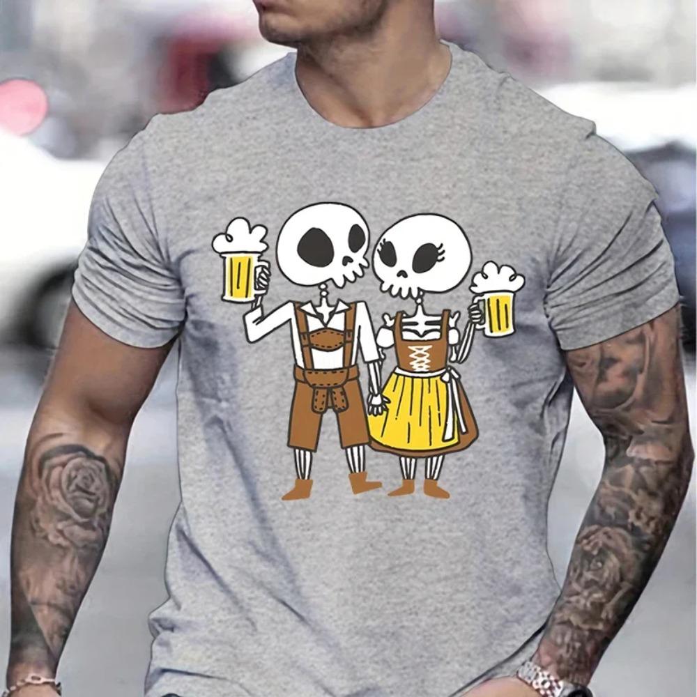 Skeleton Couple Drinking Beer Print T-shirts Beer Lover Essential Summer Clothes Skull Cheers Beers Print Fashion Mens T-shirt