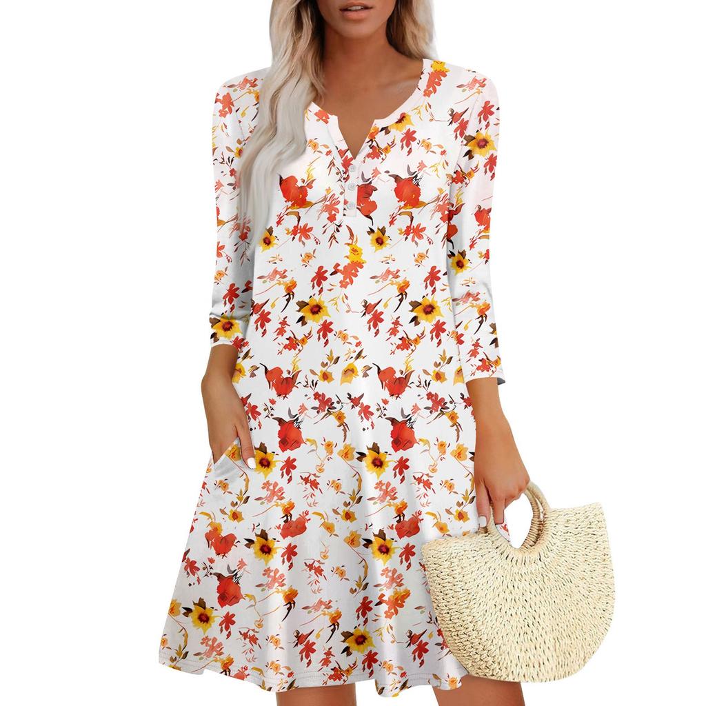 Abito Estivo da Donna Largo Scollo a V Manica a Tre Quarti Abito da Sole con Tasche Abito