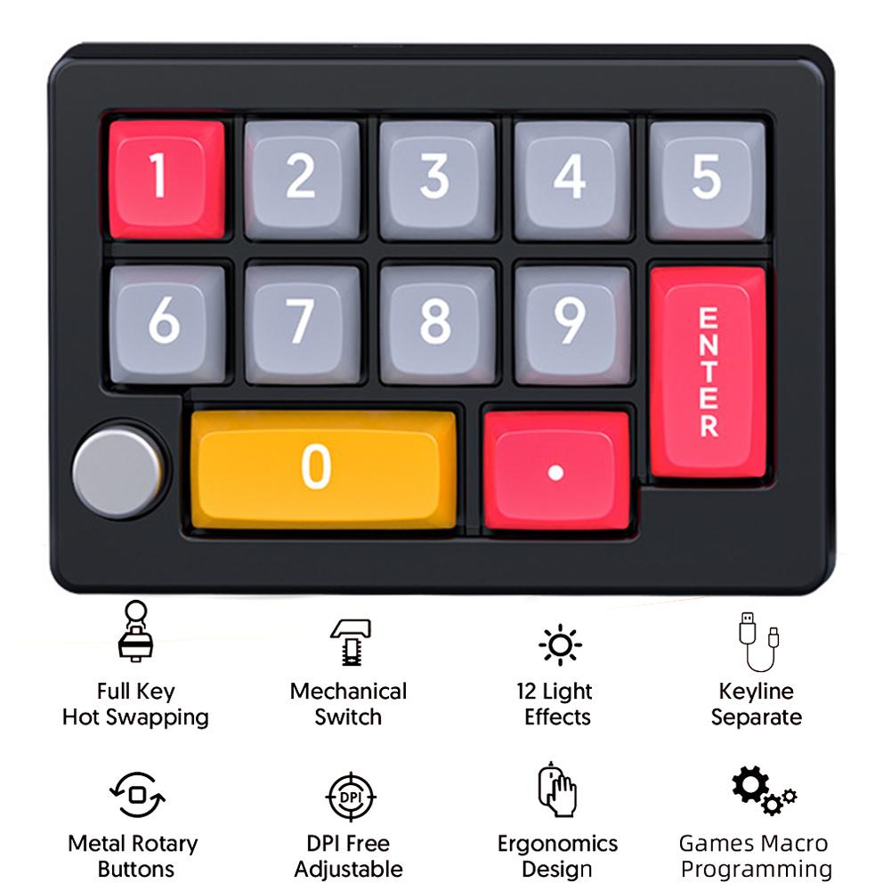 13 Key Wired Macro Programmable Mini Gaming Keyboard Fully Hot Swappable Programming KeyPad 12 RGB Lighting Effects with Knobs