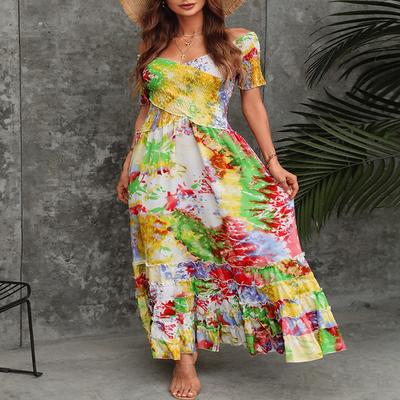 Women's Summer Tie-Dye Printed Vintage One Shoulder Strapless Long Waisted Big Swing Dresses