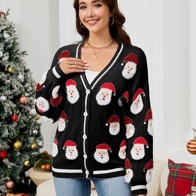 European and American women's clothing casual Santa jacquard sweater cardigan autumn and winter new Christmas sweater
