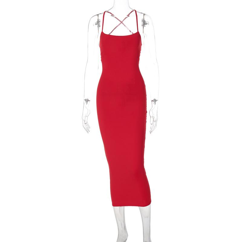Women's 2024 Summer New Fashion and Sexy Backless Strap Slim Fit Solid Color Dress