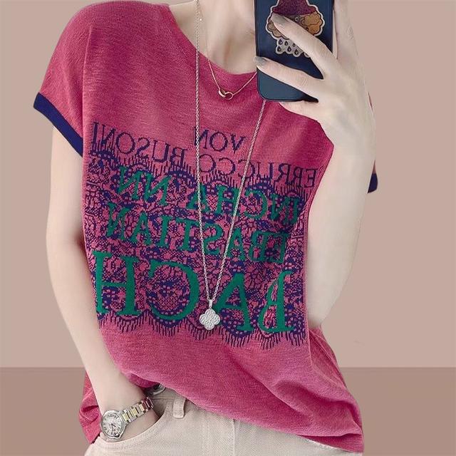 

Женская тонкая футболка трикотажная с коротким рукавом и круглым вырезом летняя мода с коротким рукавом и буквенным принтом One Size розы красного