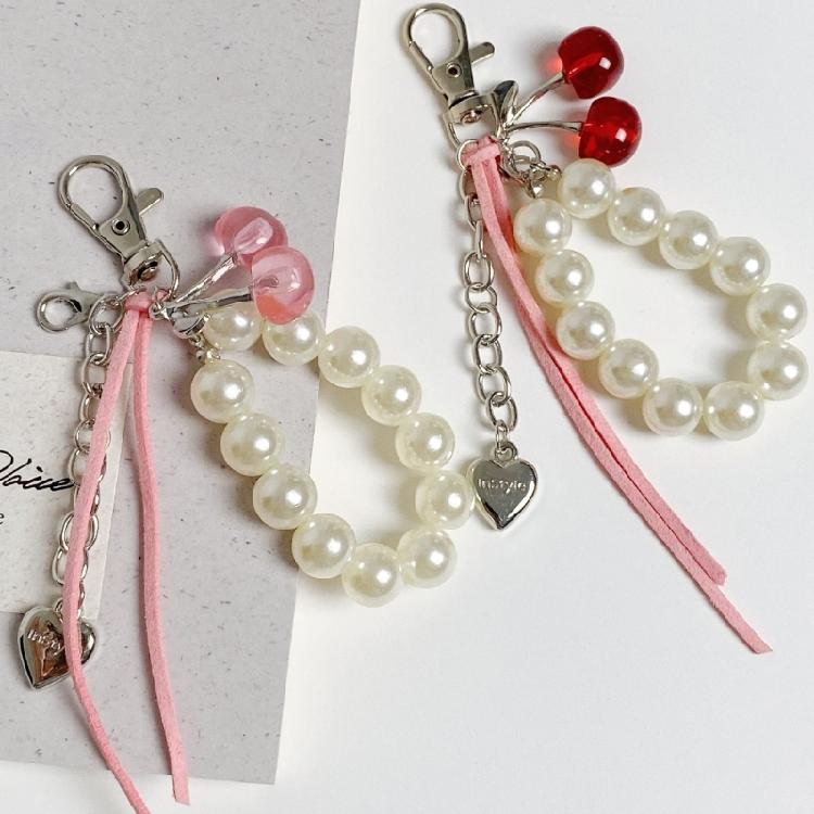 Fashion Beads Keychain Cherry Pearls Design Beaded Lip Balm Pendant Key Ring Stylish Jewelry Gift For Her