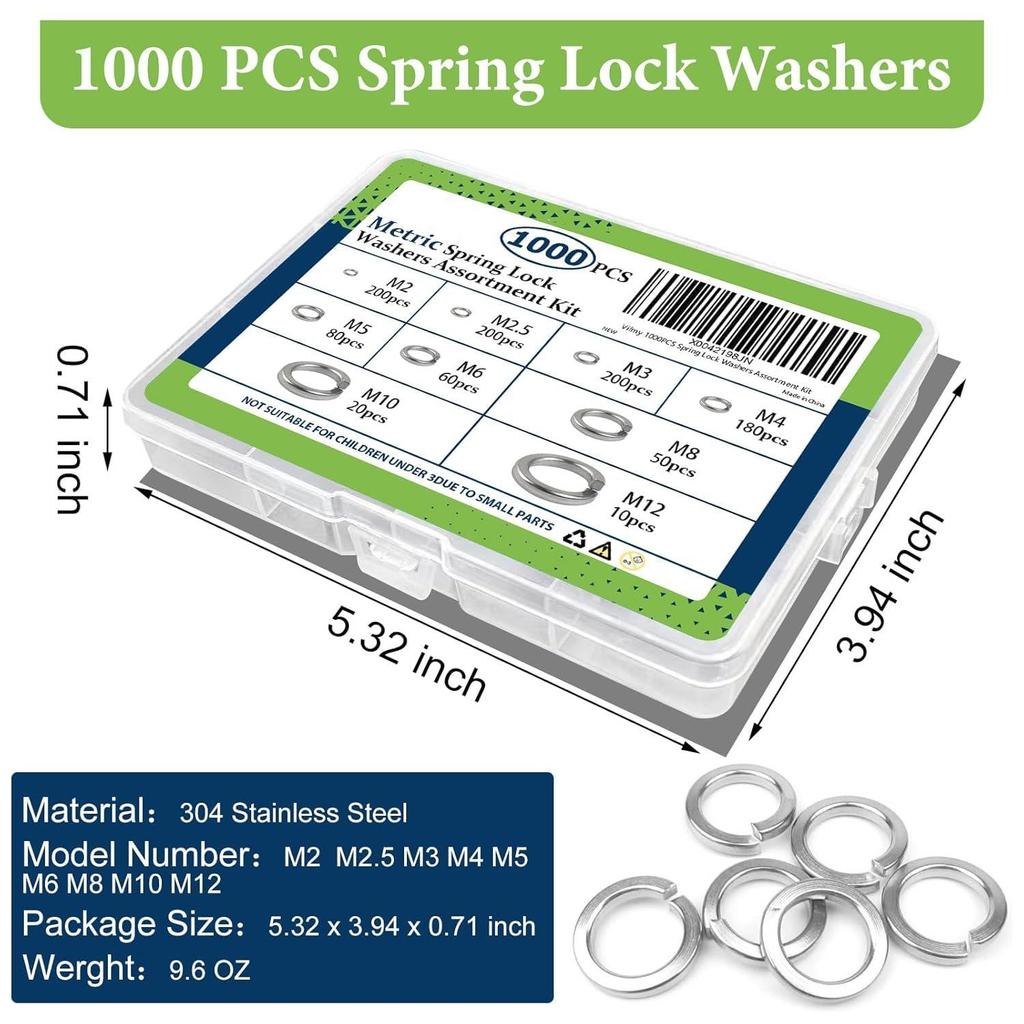 1000 st i ask 304 Rostfritt stål Fjäderbrickor Set M2-M12