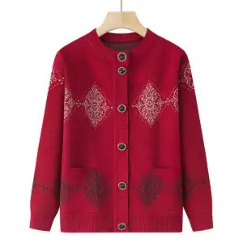 Neuer Damen Herbst- und Winter-Spleiß Rundhals Knopf Bedruckte Taschen Modische Lockere Lässige Langärmelige Gestrickte Strickjacke