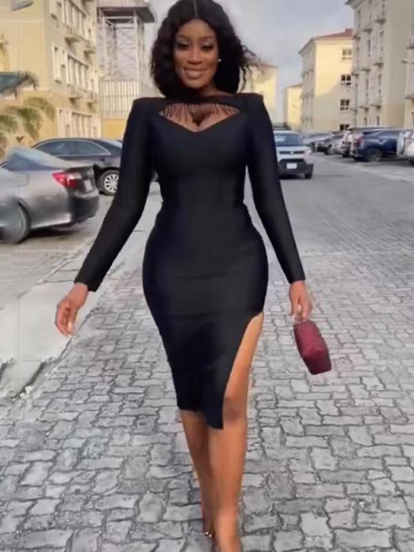 Damska Seksowna Sukienka Bandażowa z Koralikami i Długim Rękawem z Rozcięciem