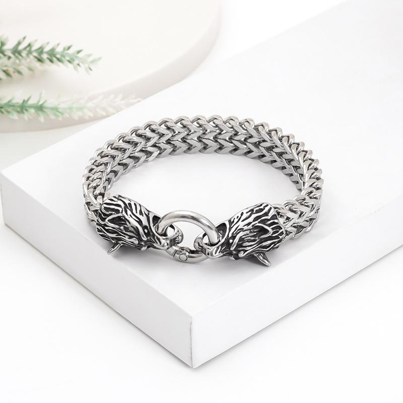 Браслет-манжета мужской в скандинавском стиле, двойная голова волка, двухслойный, из нержавеющей стали, массивный 19cm