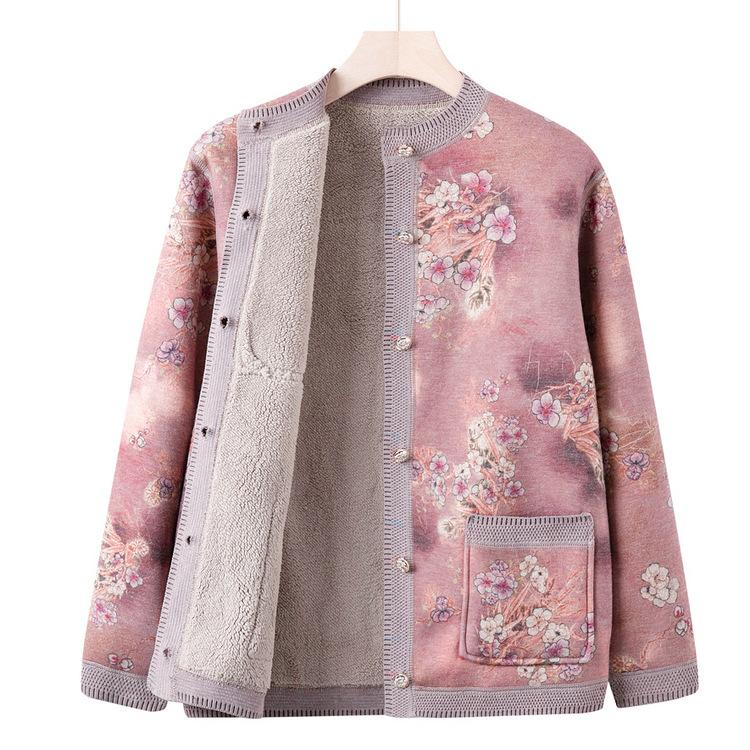 Mom Wears New Knitted Sweater Cardigan Jacket Middle-aged and Elderly Fashionable Sweater Female Grandma Autumn Clothes Plus Velvet Thick Top