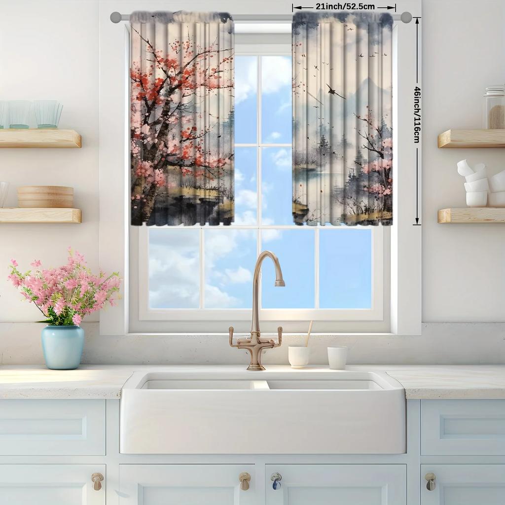 2pcs Landscape Painting Printed Curtain for Home Decor - Rod Pocket Window Treatment for Bedroom, Office, Kitchen, Living Room