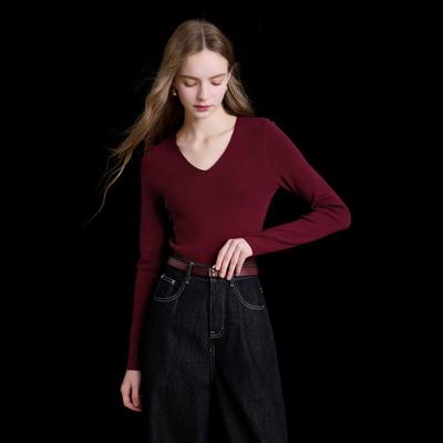 Sancai Damen V-Ausschnitt Slim Fit Strickpullover