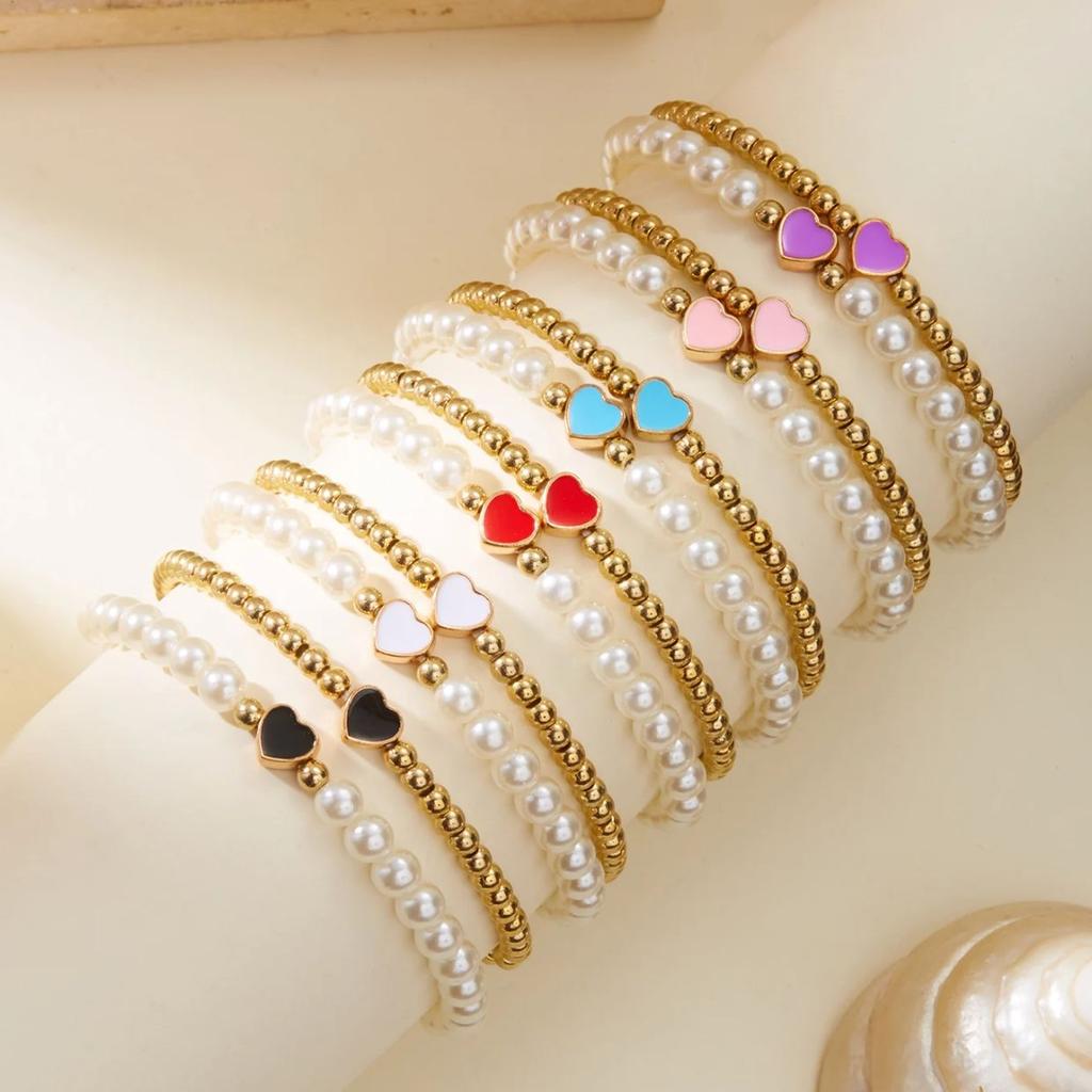Double Layer Colorful Heart Beaded Bracelets for Women Elegant Imitation Pearl Handmade Bracelets  Friendship Jewelry