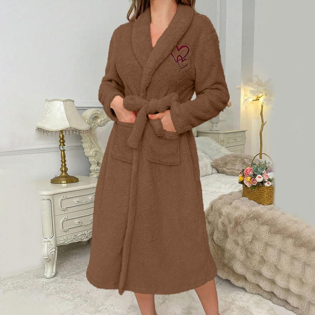 Damen Einfarbig Langärmlig Herbst/Winter Warm Bademantel Plüsch Homewear Morgenmantel Homewear Set