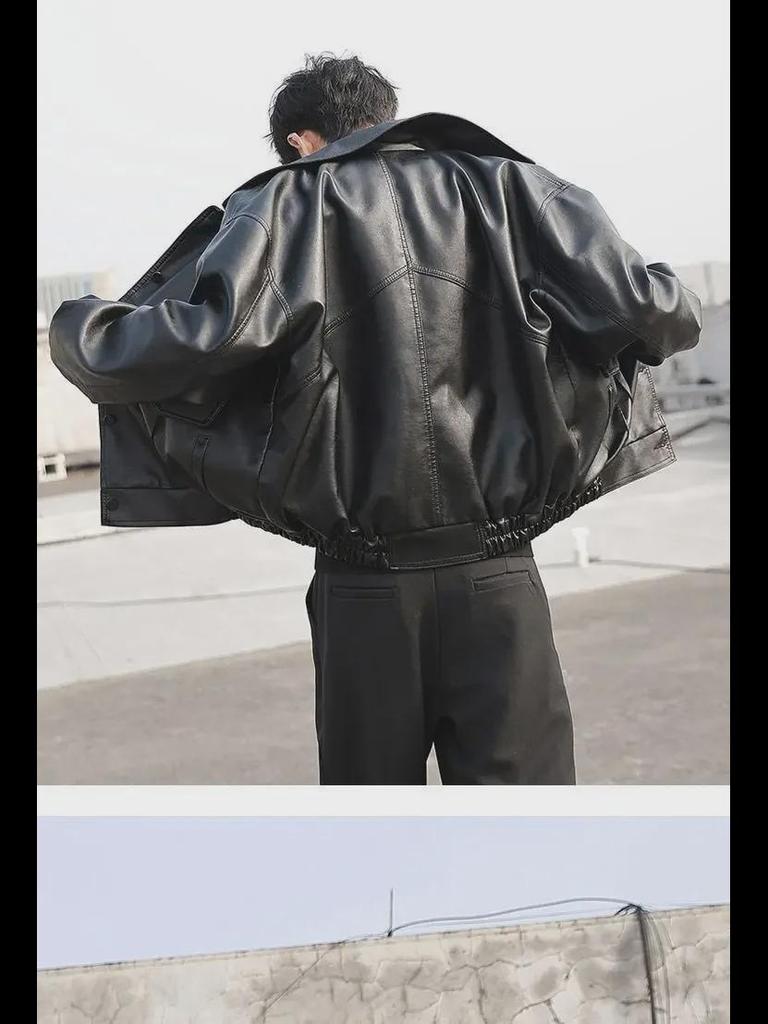Trendige Herren-Motorrad-Pilotenjacke aus Leder im koreanischen Stil – lockere Passform, Frühlings-/Herbstmode