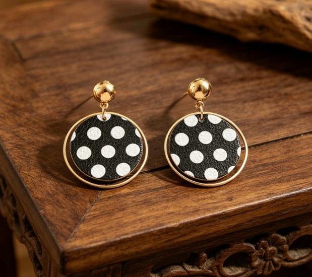 Retro Cute Polka Dot Color Block Earrings: Japanese-Korean Leather & Alloy Studs for Women