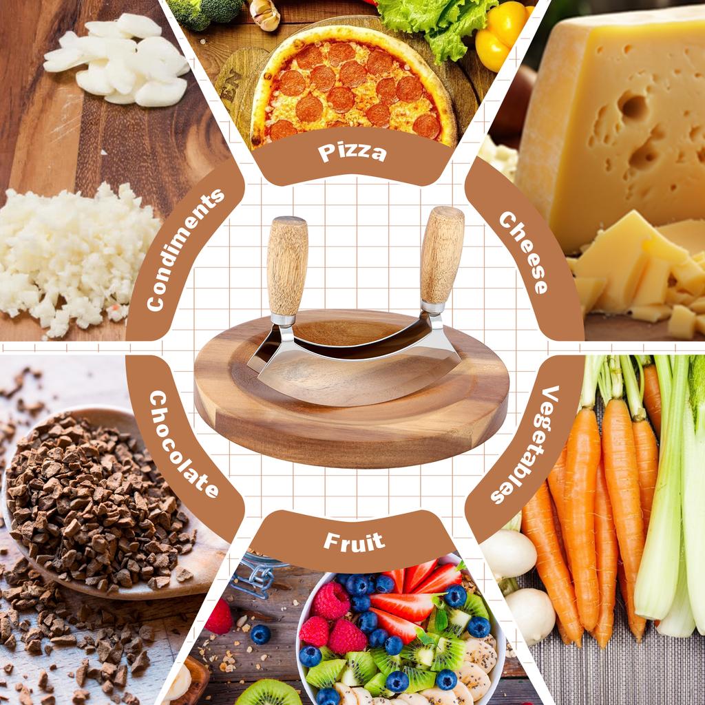 Zestaw noży Ulu z okrągłą deską do krojenia, stal nierdzewna, nóż do krojenia Rocker Chopper, nóż do pizzy, nierdzewny, krajalnica Rocker