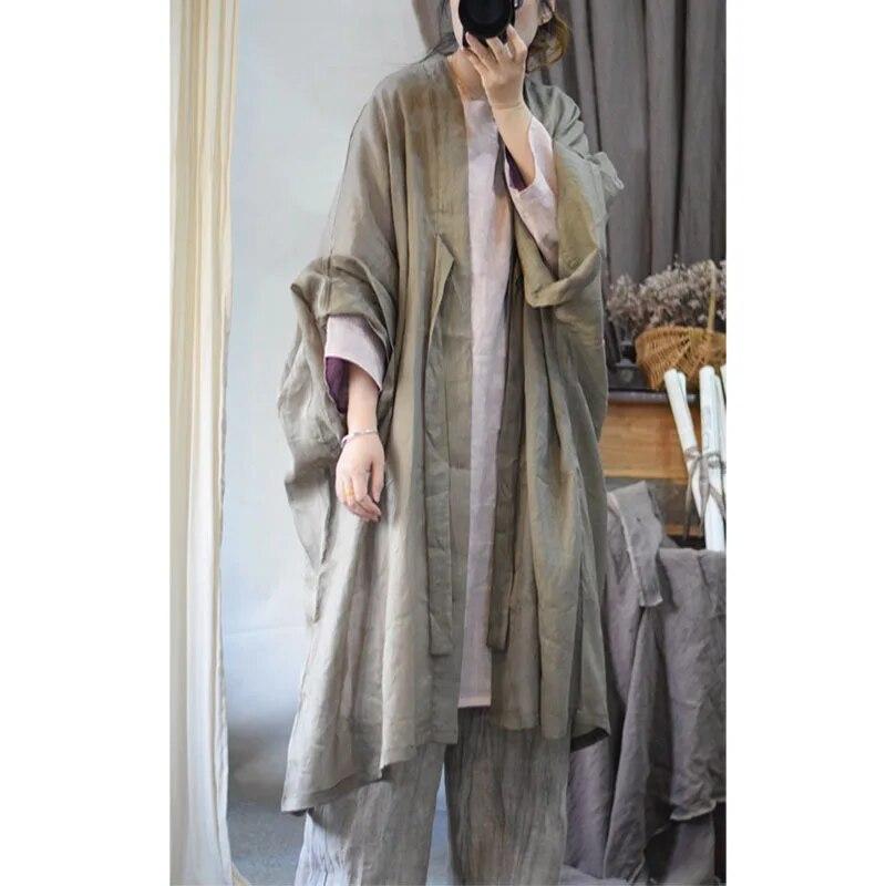 Johnature Linen Chinese Style Casual Shawl Autumn Woman Fashion Vintage Style Solid Color Long Sleeves Coat