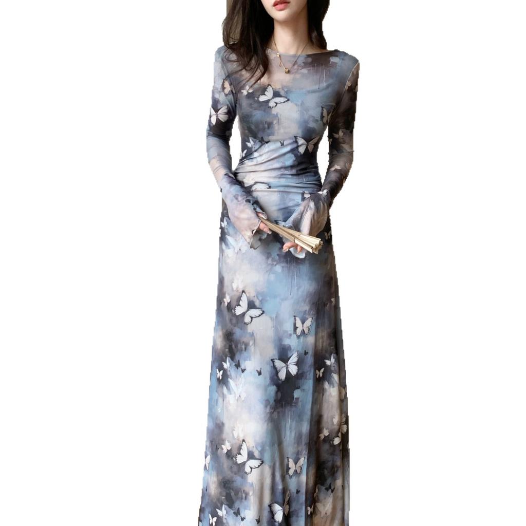 Herbst neue kalte kaiserliche Schwester Netz langärmeliges Drucken Taille schlank ausgestellter Ärmel Tintenstil Kleid