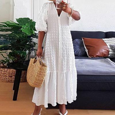 Summer Women's Tunic Holiday Ruffle V Neck Button Thin Puff Sleeve Casual Loose Long Shirt Dress Plus Size