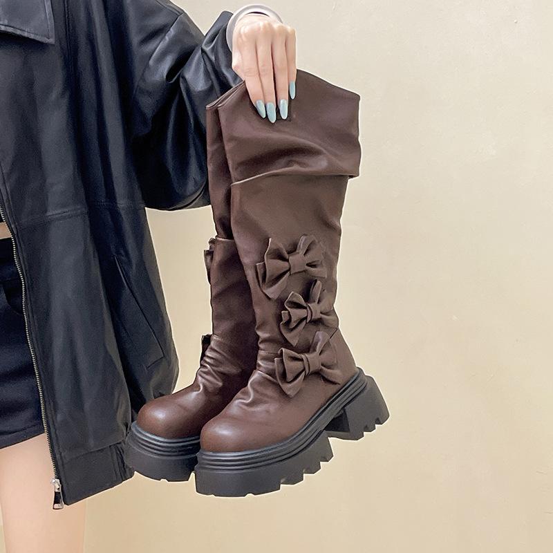 

Дизайн тонкий, модный и универсальный, женские рыцарские сапоги на высоком каблуке, осенний ретро-тренд с бантом, толстая подошва 40 коричневый