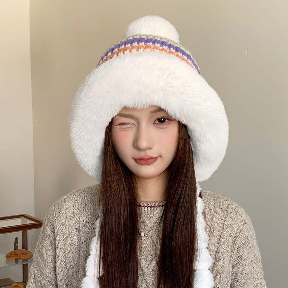 Striped Knit Pompom Braids Hat Fleece Lined Earflap Winter Cap Fur Trim Trapper Commute