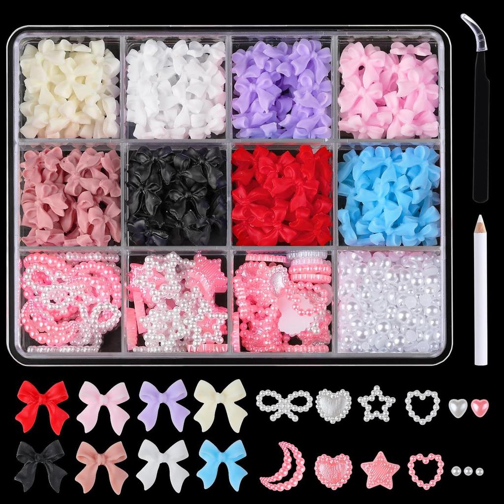 12-Grid Streamer Bow Tie Christmas White Red Resin Bow Nail Jewelry Mixed Set Diy