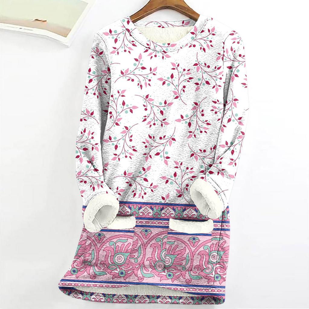 Dame Rundhals Topp Trykk Fortykket Plysj Kasjmir Varm Lang Topp