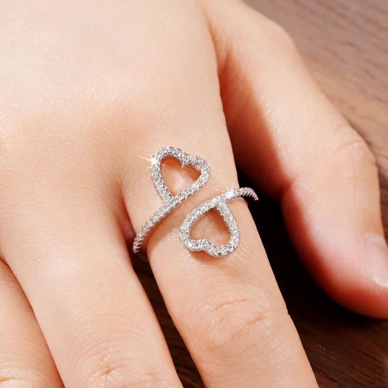 Huitan Exquisite Double Heart Opening Rings for Wedding Aesthetic Shiny Cubic Zirconia Accessories Women Graceful Party Zircon